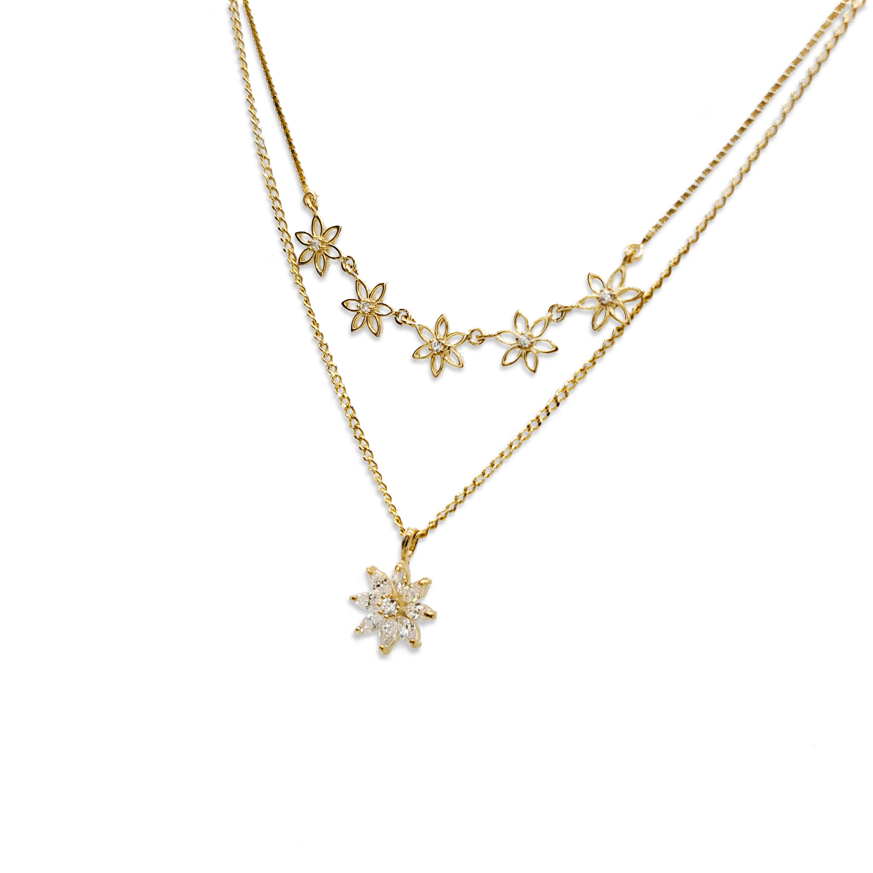 Double Strands Beautiful Gold Plated Cz Flower Design Gold Chains Necklace