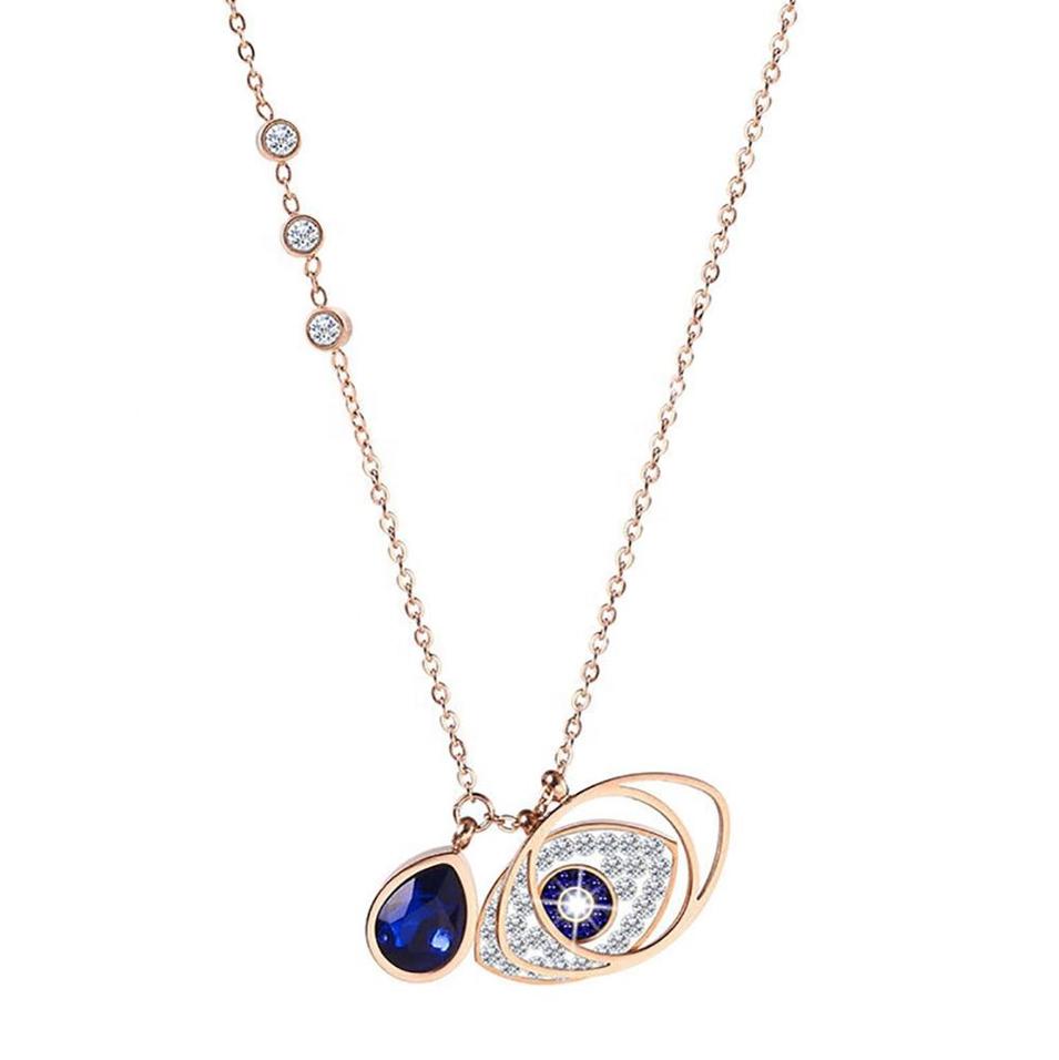 Blue Stone Waterdrop Eye Shaped Pendant Stainless Steel Necklace Jewelry Rose Gold