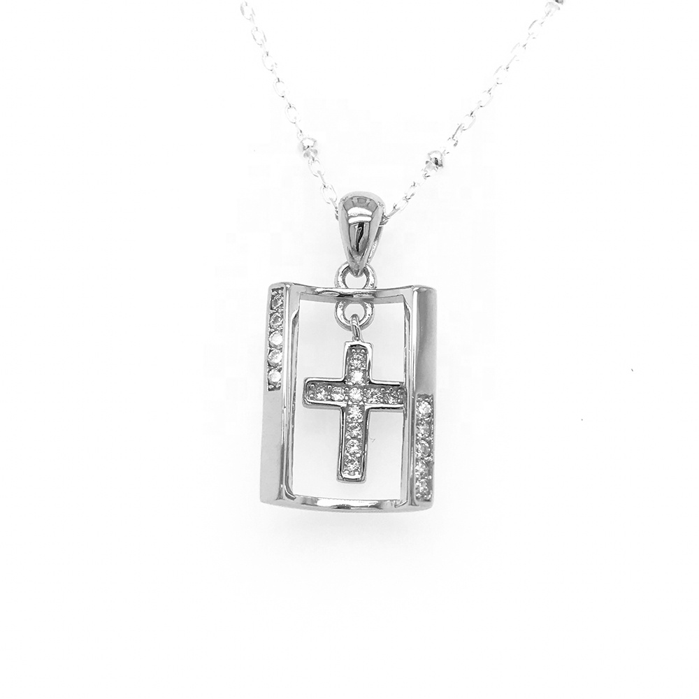 White Gold Plated Crystal Cross Pendant, Religious Cross Jewelry, Sterling Silver Diamond Cross Pendant Necklace Womens