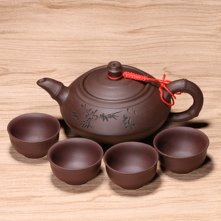 Chinese Traditional Handcraft 300ml Pot with Bamboo Patterns 4 Cups Redware Tea Set