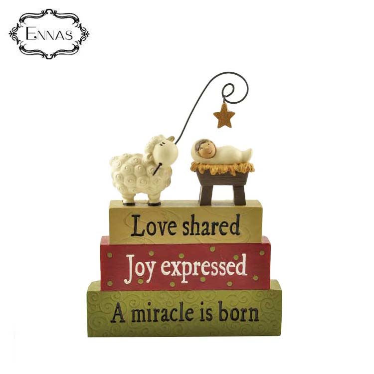 'miracle is born' baby jesus and sheep on the blocks holy family decorations carefully designed handicrafts
