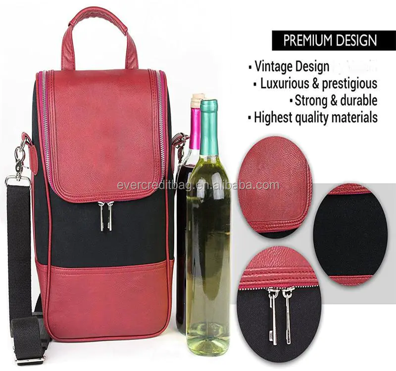 Wine Carrier / Wine Tote Bag - Luxury Leather Wine Champagne Case. Insulated Cooler Chiller Case for 2 Bottles