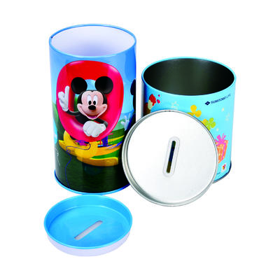 Round metal tin coin bank for kid with open lid