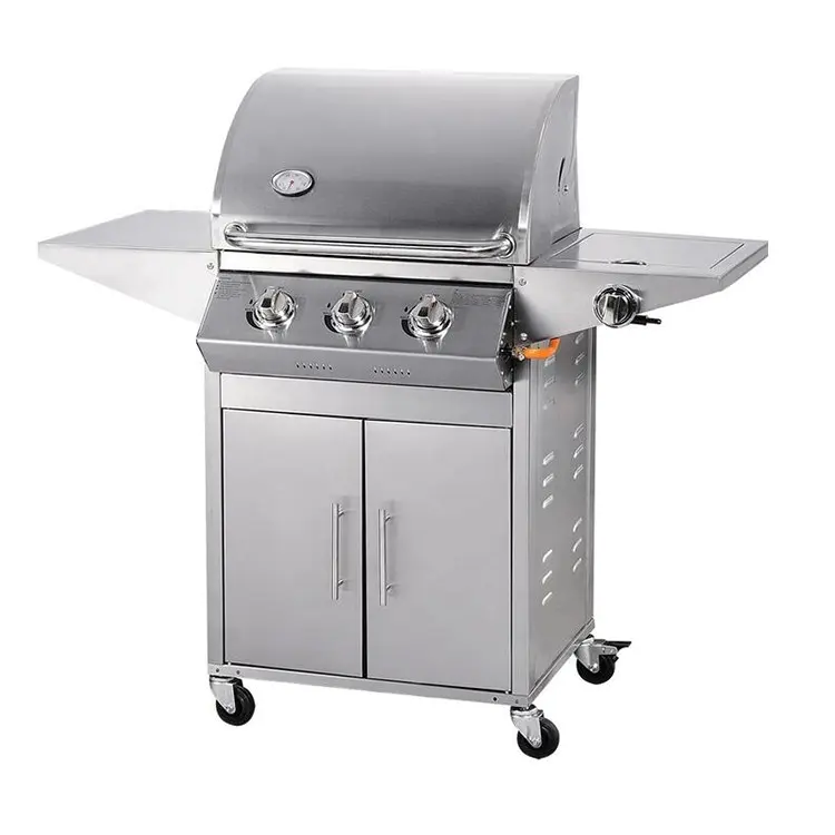 Professional Commercial Barbecue Trolley Stainless Steel 3 Burner BBQ Gill Garden
