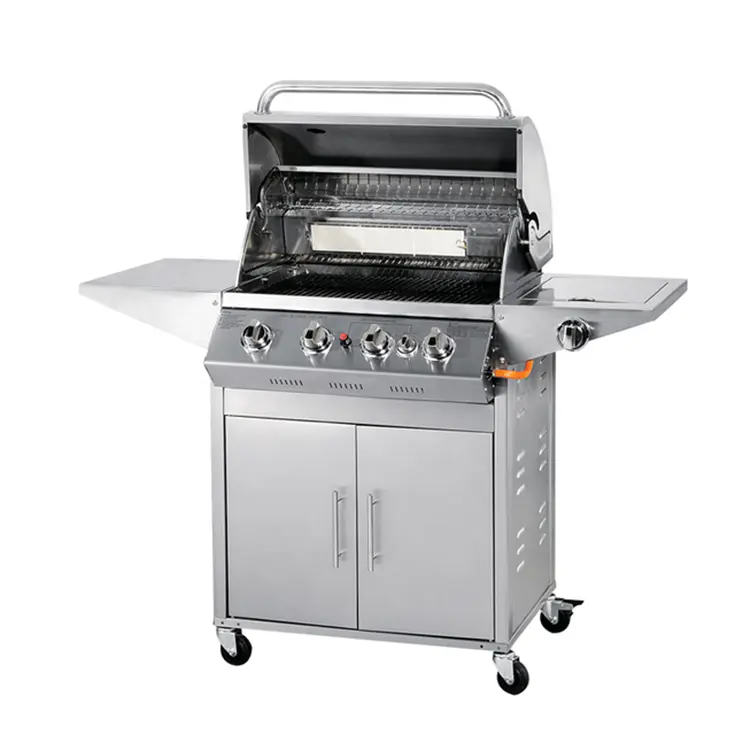 Professional Commercial Barbecue Trolley Stainless Steel 3 Burner BBQ Gill Garden