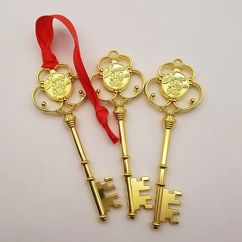 Christmas Tree Ornaments Holiday Decorations Metal Gold 3D Santa Magic Key with Ribbon