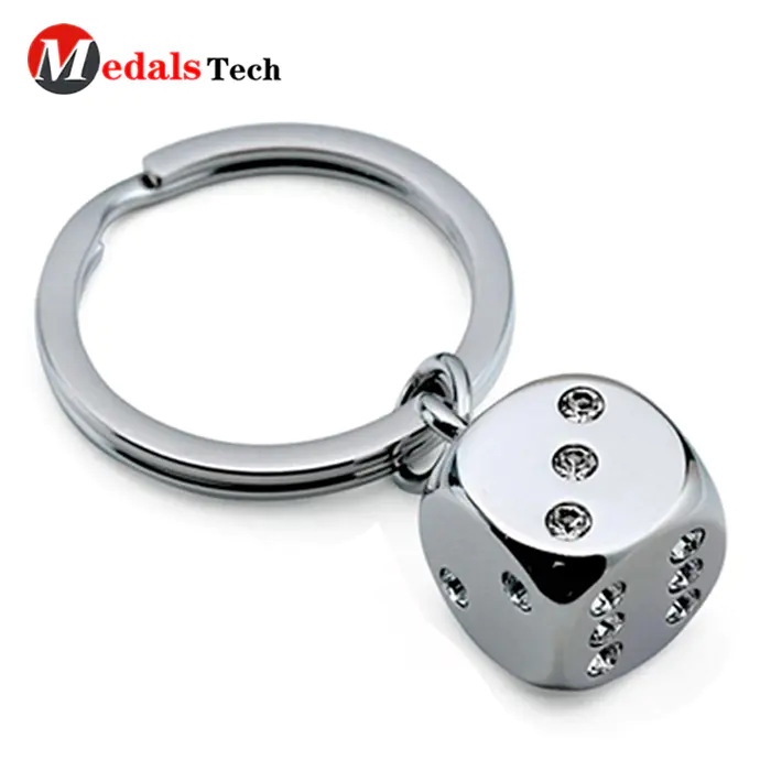 High quality custom silverrhinestone metal dice shaped keychain