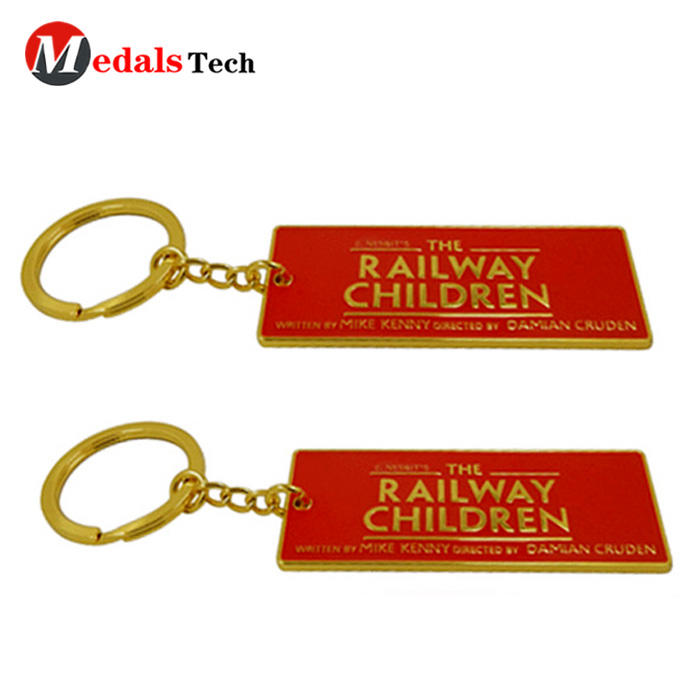 High quality low price gold plated rectangle shape spray metal promotion keychain