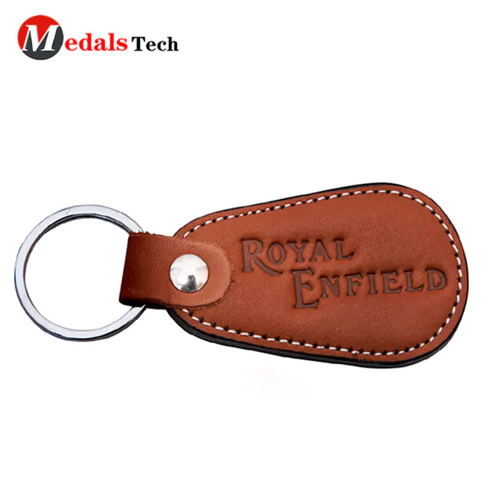 Unique customcar logo brown leather cover metal keychain