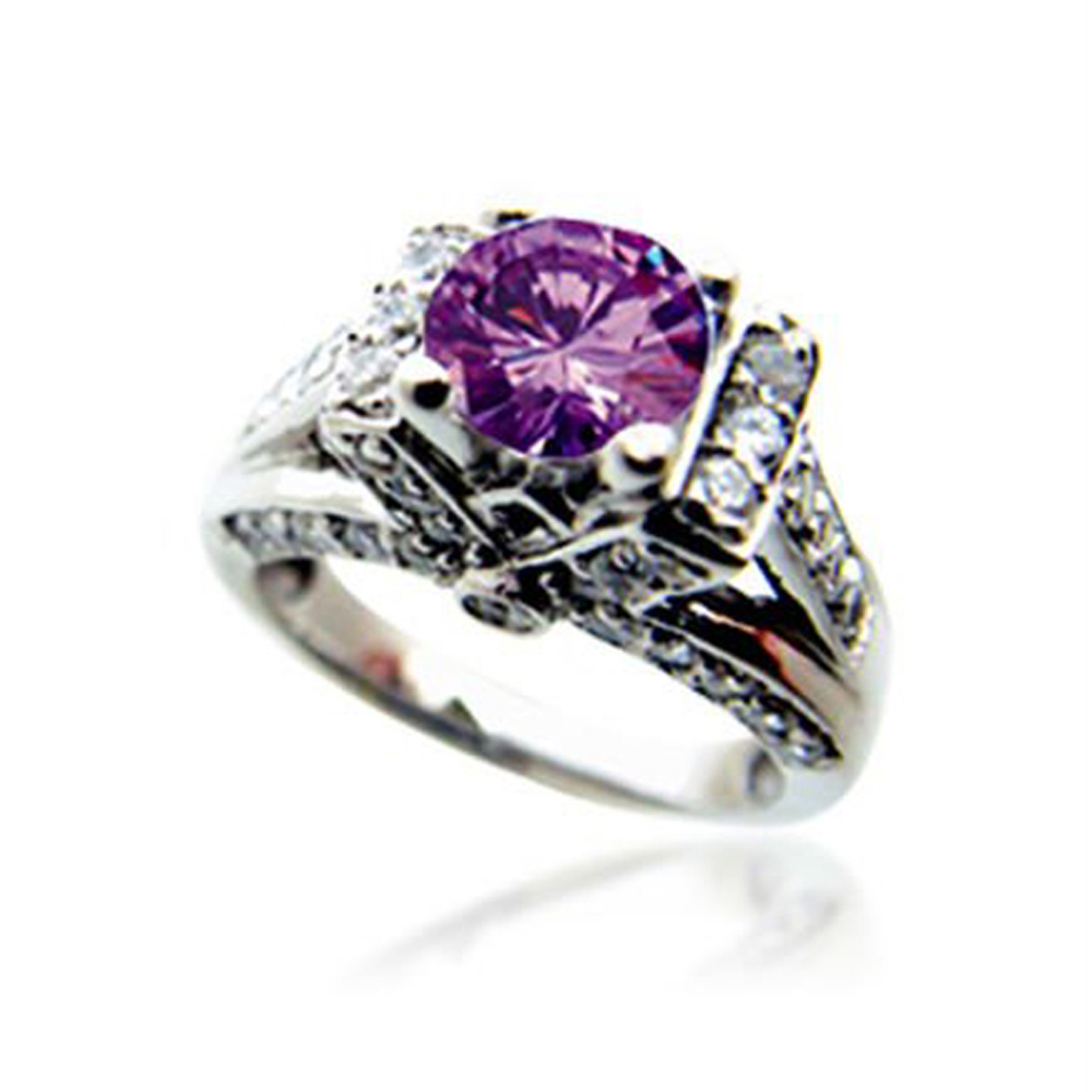 Delicate purple flower shiny silver wedding rings platinum