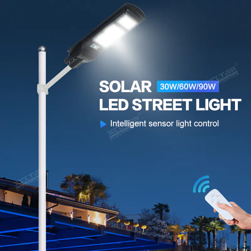 ALLTOP High lumen outdoor lighting ip65 PIR sensor 30w 60w 90w intergrated all in one led solar street light
