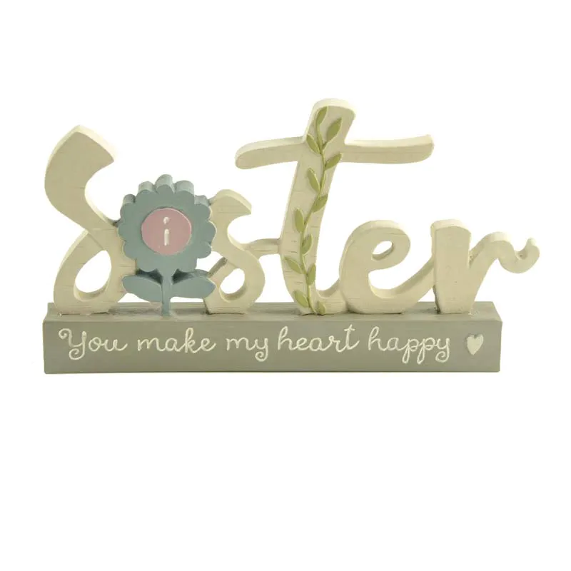 Wall mount hanging cutout letters wooden sign sister plaque on the base polyresin plaques for homedecor