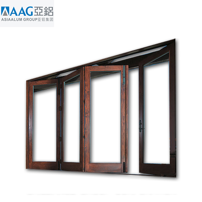Wood grain aluminium bi-folding window frameless folding glass window