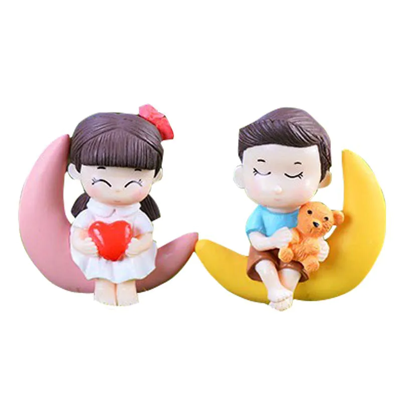 Dreamful Childhood Mini Boy and Girl Sitting on Moon Sweet Kids Couple Figurine