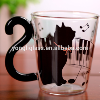 High borosilicate glass Lovely cat 300ml coffee glass, manual creative tea cup, gift set pyrex tea glass with black handle