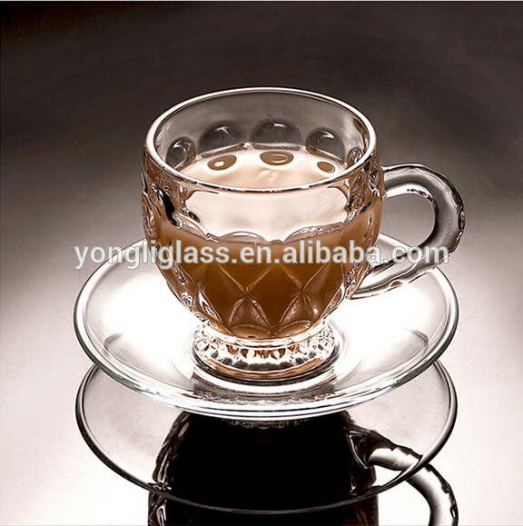 Promotional fancy 200ml glass custom coffee mug with handle and saucer