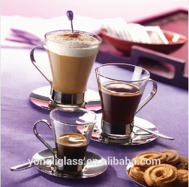 Wholesale High quality glass coffee cup with metal holder , glass tea cup with handle