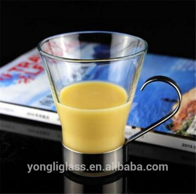 Hot sale fashionable coffee glass cup/Simple glass coffee mug with metal handle