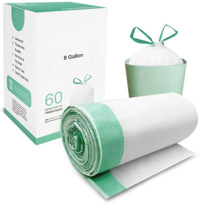 100% biodegradable and compostable 8 Gallon Trash Can Liners Drawstring Garbage Bags