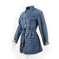 SKYKINGDOM OEM welcome women denim dress four pockets buttons vintage blue mini long sleeve dress with belt