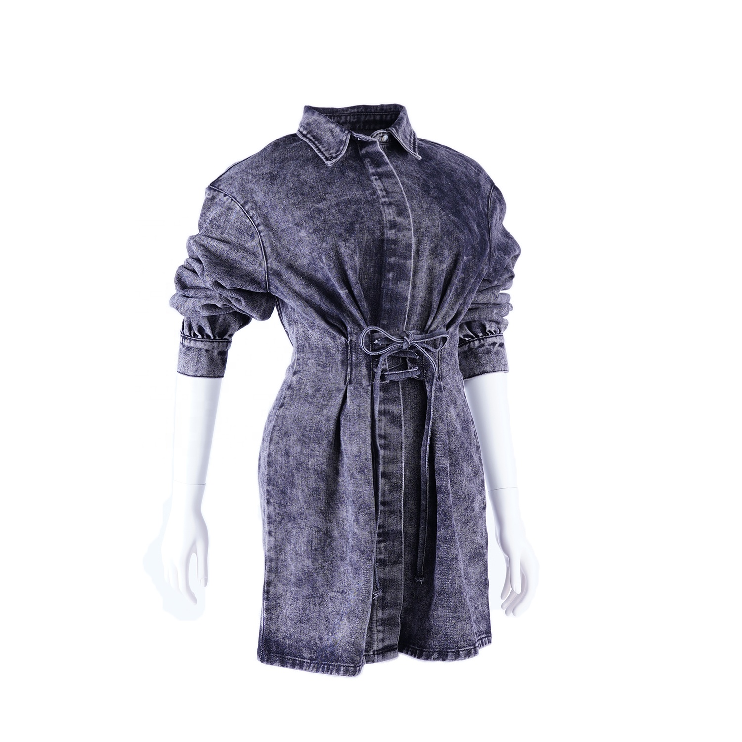SKYKINGDOM customize design denim dresses vintage black long sleeve waist draped office lady dresses