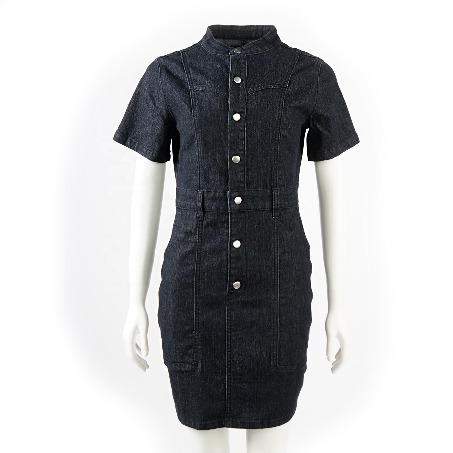 SKYKINGDOM branded design denim dress black knee length short sleeve buttons pockets stand collar casual denim dresses