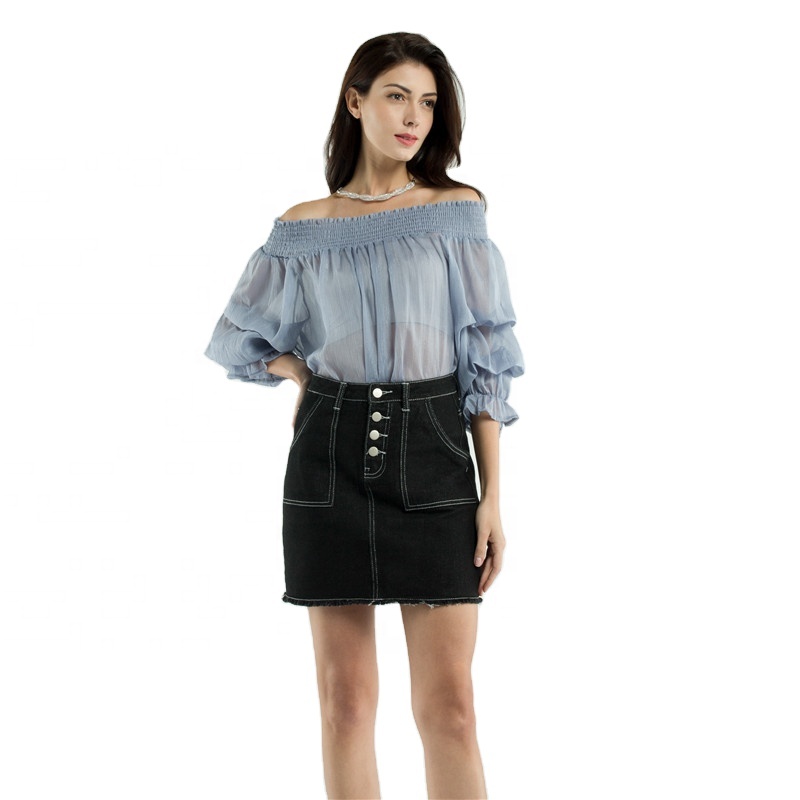 new style fashion pockets & buttons mini short high waist black denim skirts