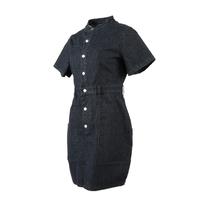 SKYKINGDOM custom service woman dress stand collar black short sleeve front pockets single breasted denim dress