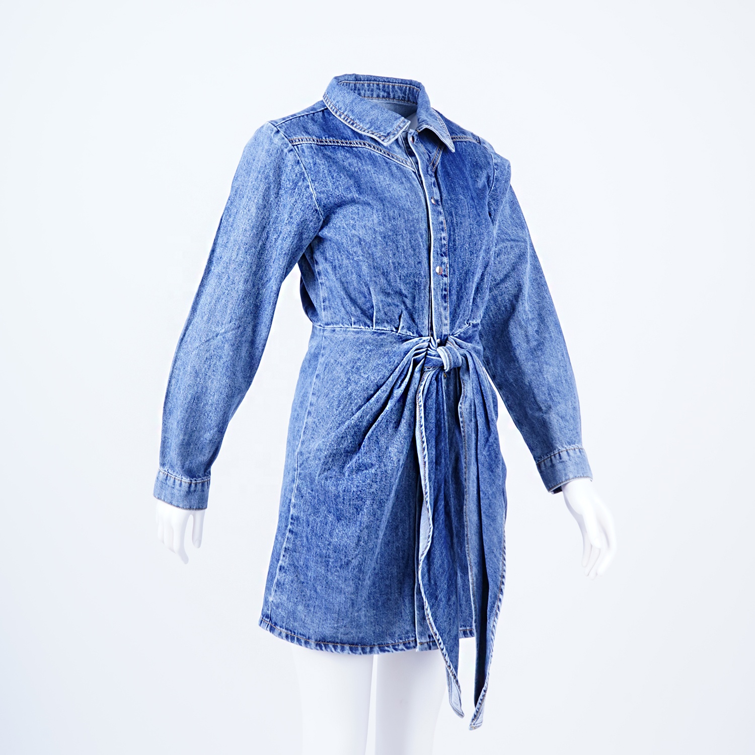 SKYKINGDOM western hotsale dress turn down collar waist belt casual blue mini denim dress for lady woman