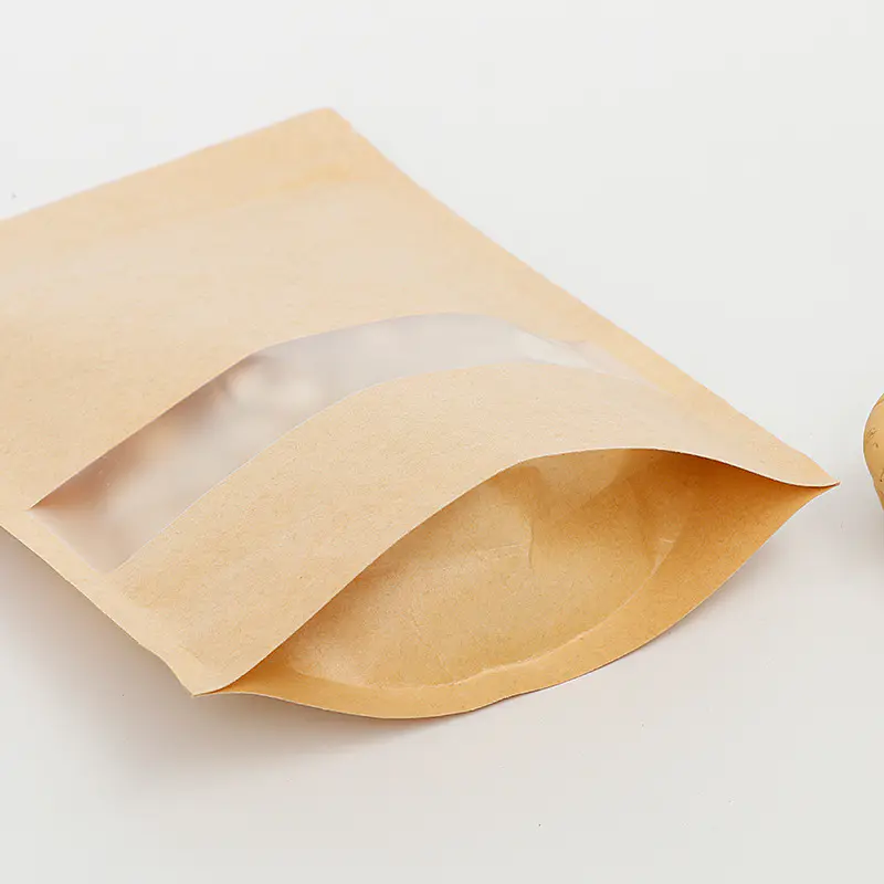 Food Moisture Barrier Bags Packaging Sealing Brown Kraft Paper Ziplock Bag Doypack Stand Up Pouch With Clear Window
