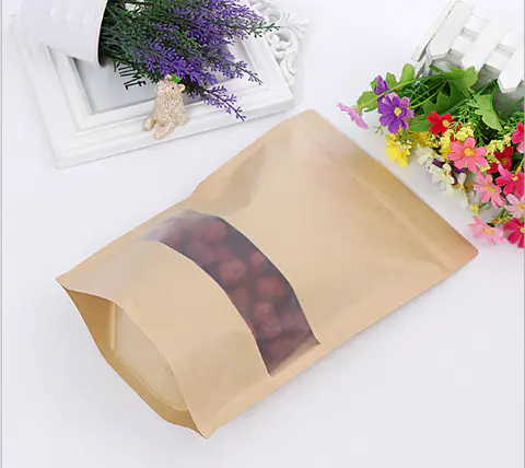 Wholesale Kraft Paper Stand Up Pouch Zip Lock Bag With Frosted Window