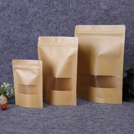 factory price wholesale frosted open window standing up zipper brown kraft paper bag