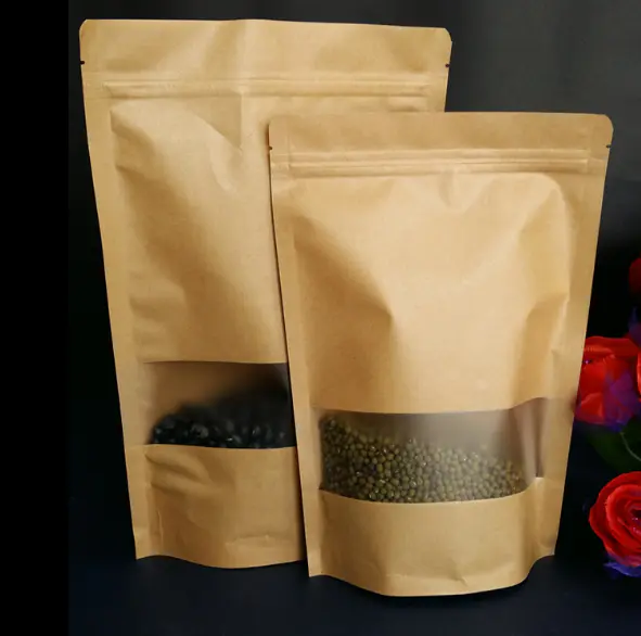 factory price wholesale frosted open window standing up zipper brown kraft paper bag