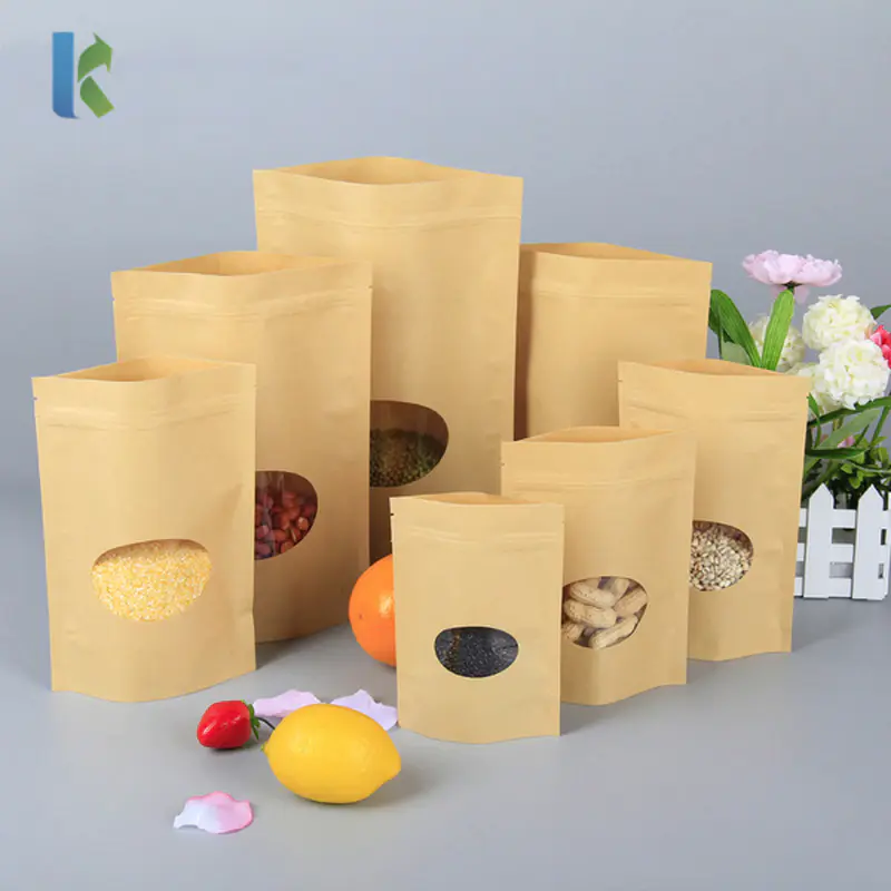 wholesale high quality in stock brown kraft paper pouch bag with oval window