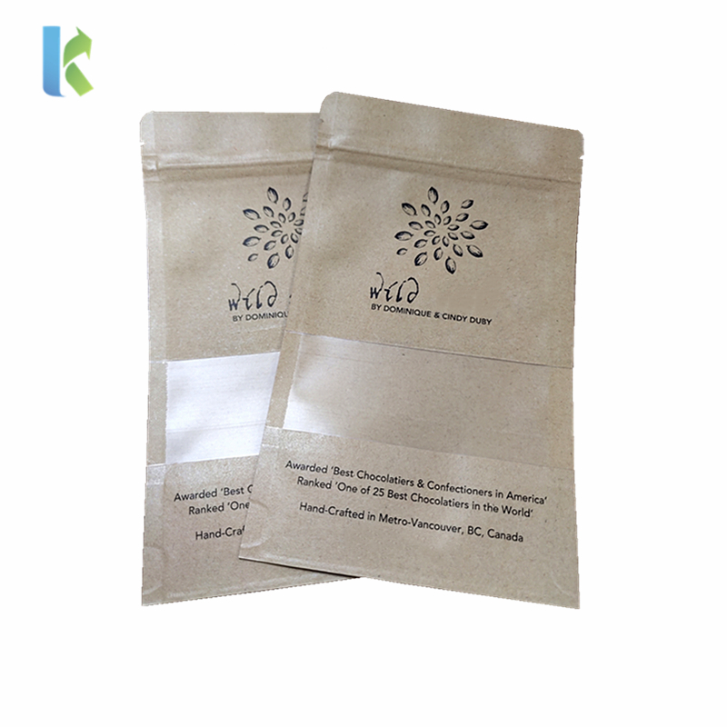 Custom Snack Nut Packing Biodegradable Stand Up Pouches Kraft Paper Zipper Bag With Window For Food Packaging