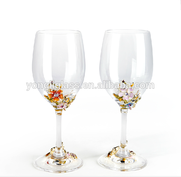 Novety enamel decorative crystal wine glass,pewter stem red wine glass