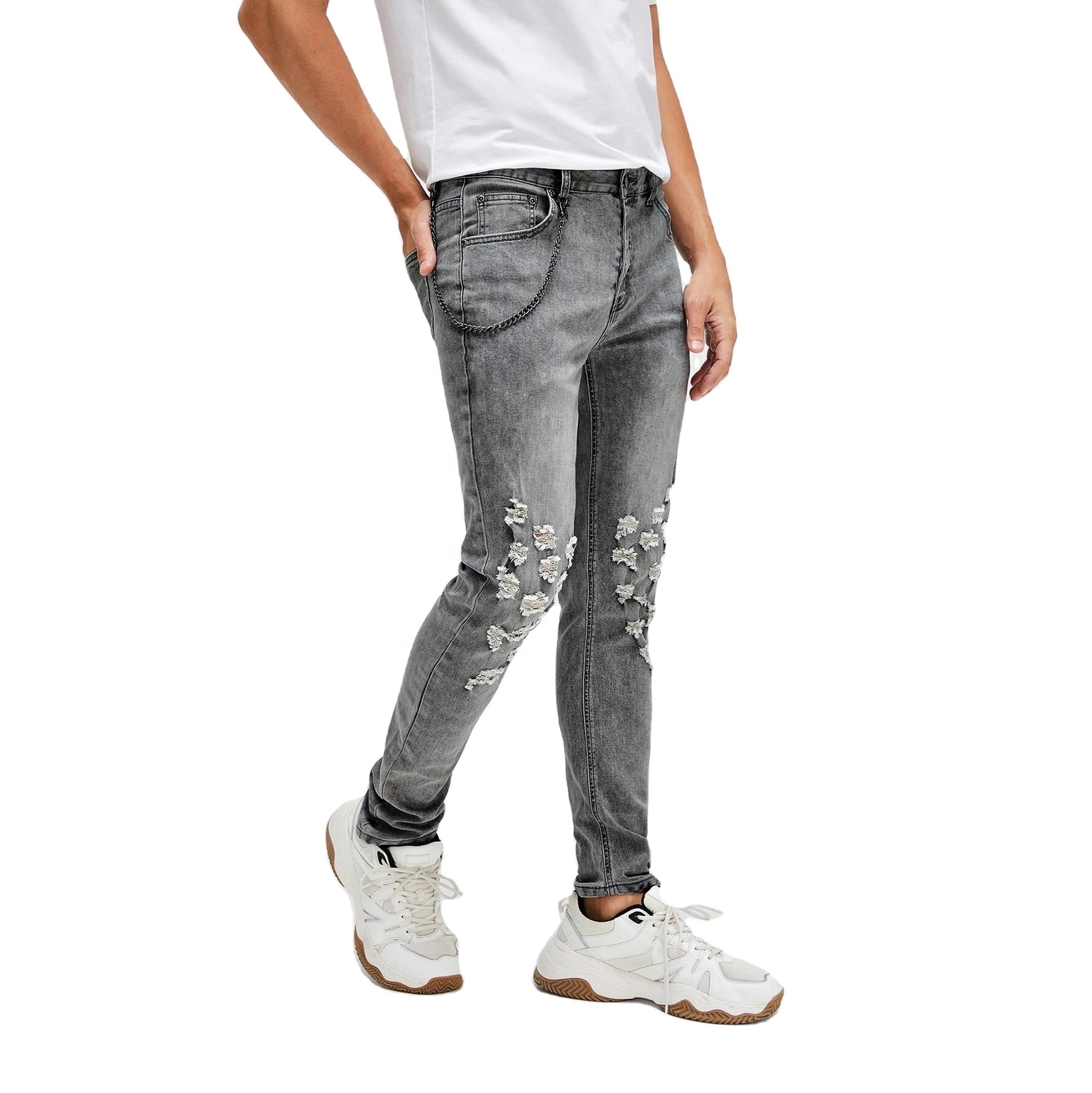 customize fashion jeans gray distressed ripped men jeans with waist chain