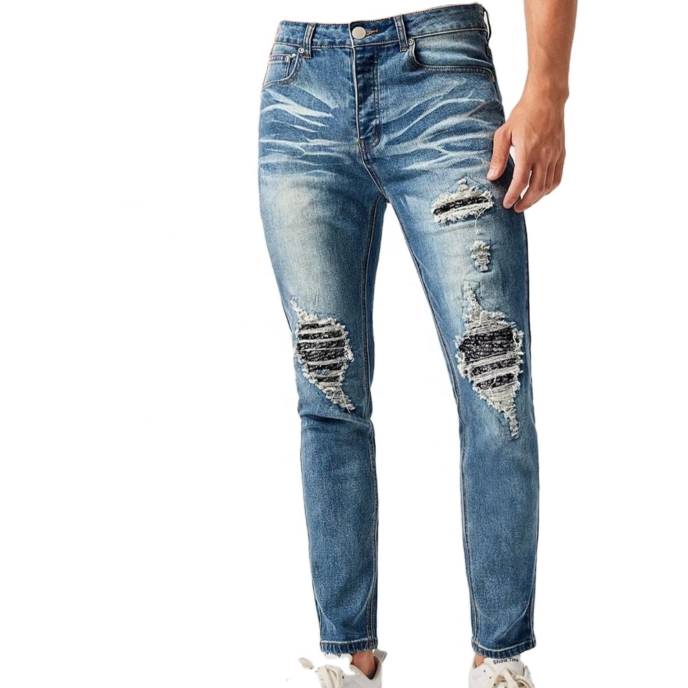 Western Populau Casual Stretch Denim Pants Skinny ripped Men Jeans