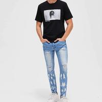 Men's stretch skinny jeans skinny pencil pants casual damaged low waistripped jeans