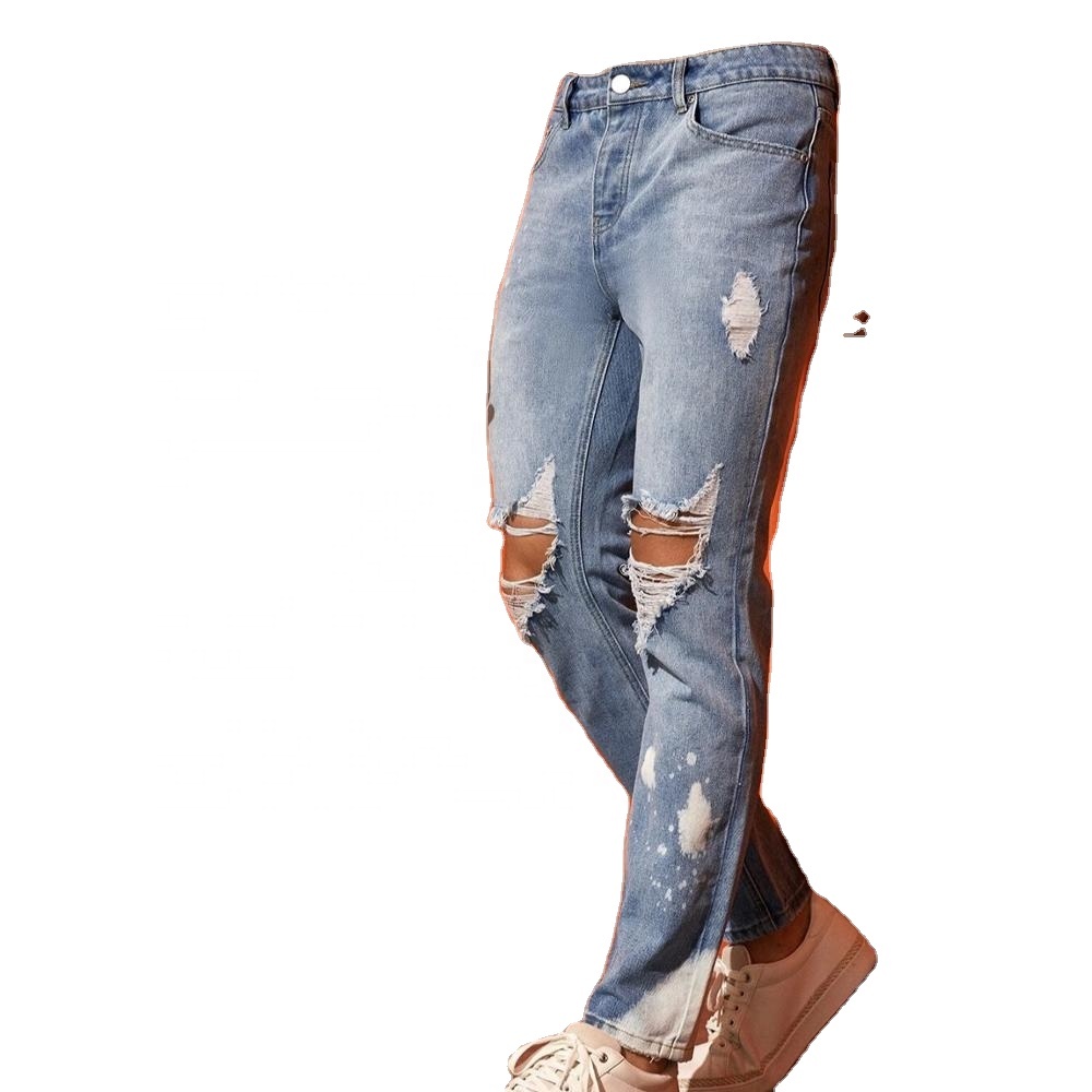 fashion popular light blue denim leg printed knee ripped & holes men jeans