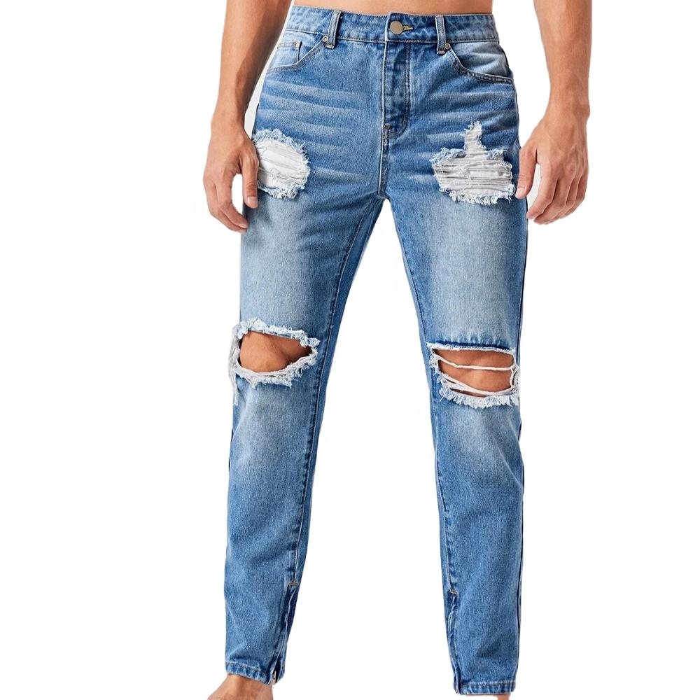 Wholesale Fashion OEM Cotton Denim Blue Ripped Jeans For Men