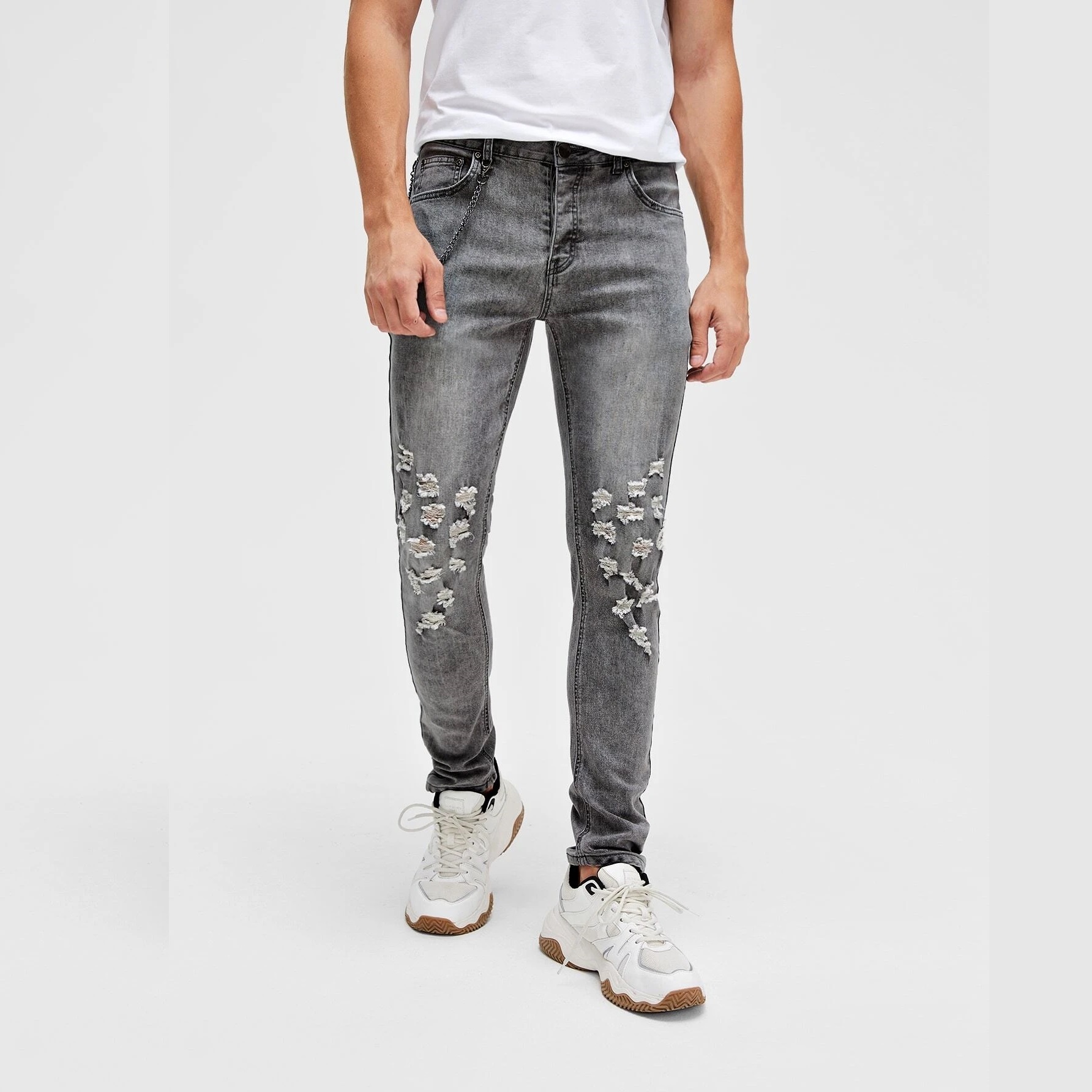 NEW fashion street trend denim Frayed Destroy Pattern Stretch slim gray men jeans