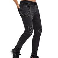 2020 fashion jeans men black ripped knee men jeans with waist chain