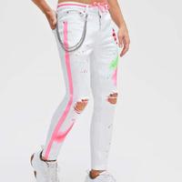 New Arrival Designer Special design personality street trendLace up Splash White jeans for men