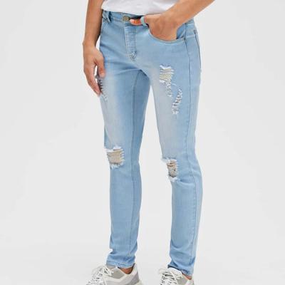 Wholesale Good Quality Fashion Design Light Blue Ripped Regular Fit jeans for men
