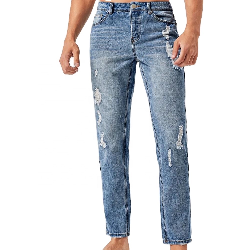 Wholesale Trouser Fashion Style Low Waist Light Blue Casual Ripped Jeans for Men