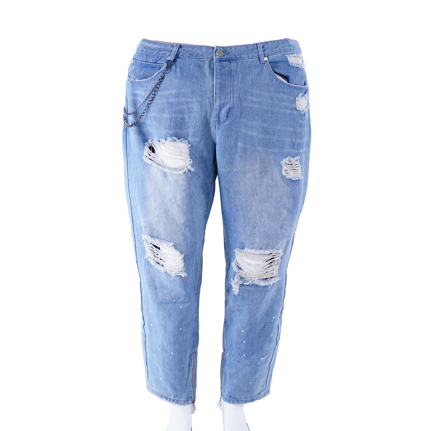 low price in stock men jeans blue ripped jeans with chain foot leg zipper plus size jeans for men