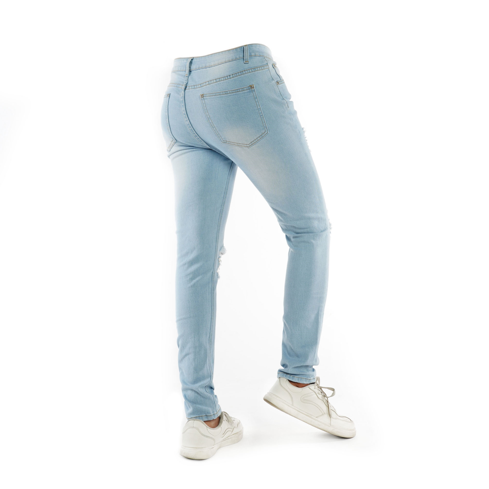Denim garment factory bleached blue torn jeans men's skinny jeans