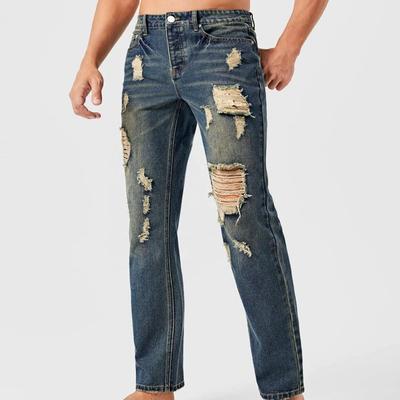 Oem New Fashion Jeans Street TrendBlue Men Cotton Ripped Distressed Straight Loose Men Jeans Pants