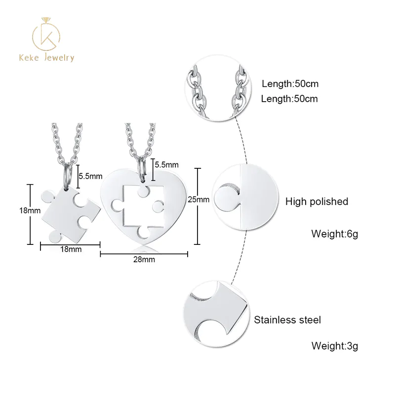 European and American fashion engraving stainless steel heart-shaped puzzle couple pendant necklace CN-110